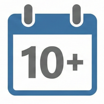 Über 10 Jahre Erfahrung in Computerhilfe und IT-Suppor Kalender-Symbol mit der Zahl "10+" in grauer Schrift.