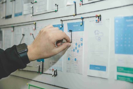 Durchführung individueller Projekte Hand hebt ein Blatt von einem Planungstafel mit verschiedenen Dokumenten ab.